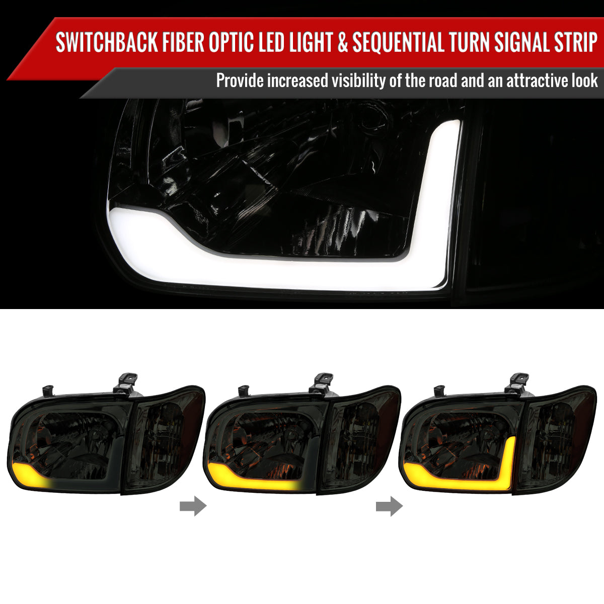 2005-2006 Toyota Tundra/2005-2007 Sequoia Switchback Sequential LED Bar Factory Style Headlights w/Corner Lamps (Chrome Housing/Smoked Lens)