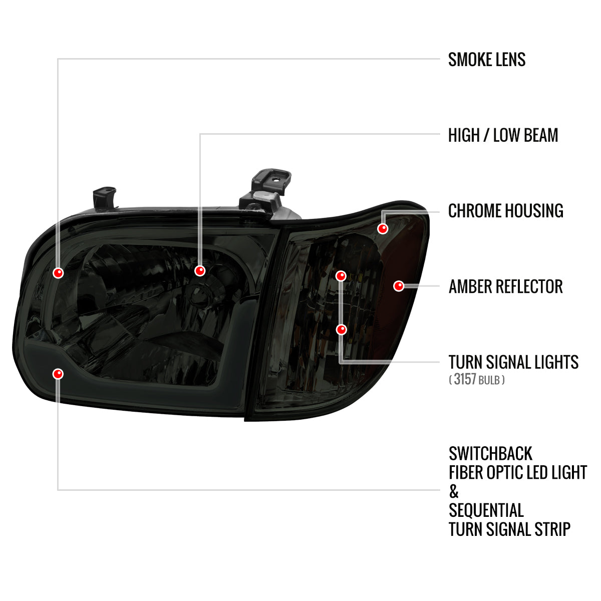 2005-2006 Toyota Tundra/2005-2007 Sequoia Switchback Sequential LED Bar Factory Style Headlights w/Corner Lamps (Chrome Housing/Smoked Lens)