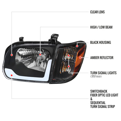 2005-2006 Toyota Tundra/2005-2007 Sequoia Switchback Sequential LED Bar Factory Style Headlights w/Corner Lamps (Matte Black Housing/Clear Lens)