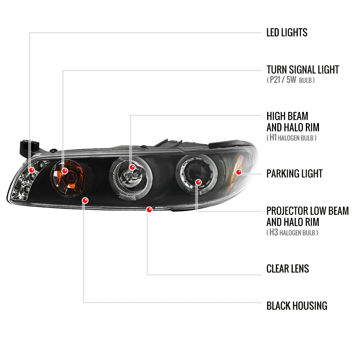 1997-2003 Pontiac Grand Prix Dual Halo Projector Headlights (Matte Black Housing/Clear Lens)