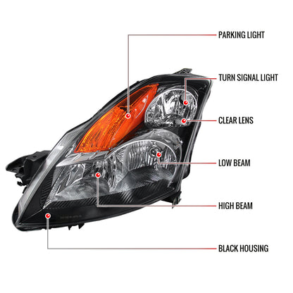 2007-2009 Nissan Altima Sedan Crystal Headlights w/ Amber Reflector (Matte Black Housing/Clear Lens)