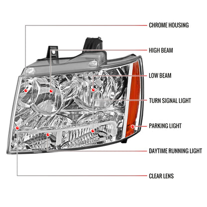 2007-2014 Chevrolet Avalanche/Tahoe/Suburban Factory Style Headlights (Chrome Housing/Clear Lens)
