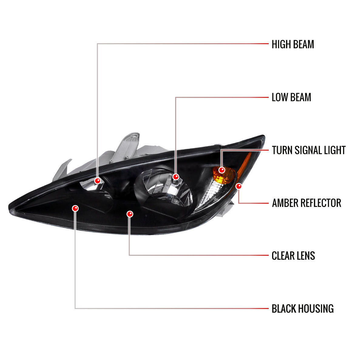 2002-2004 Toyota Camry Factory Style Headlights w/ Amber Reflector (Matte Black Housing/Clear Lens)