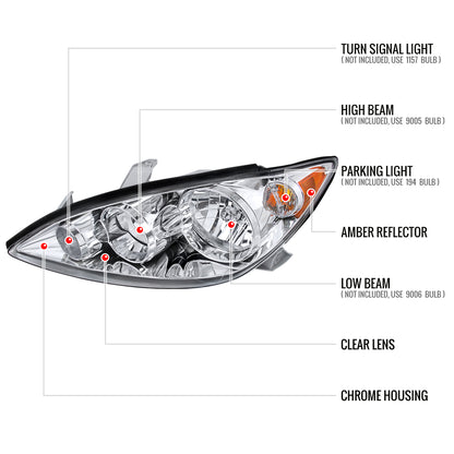 2005-2006 Toyota Camry Factory Style Crystal Headlights w/ Amber Reflector (Chrome Housing/Clear Lens)