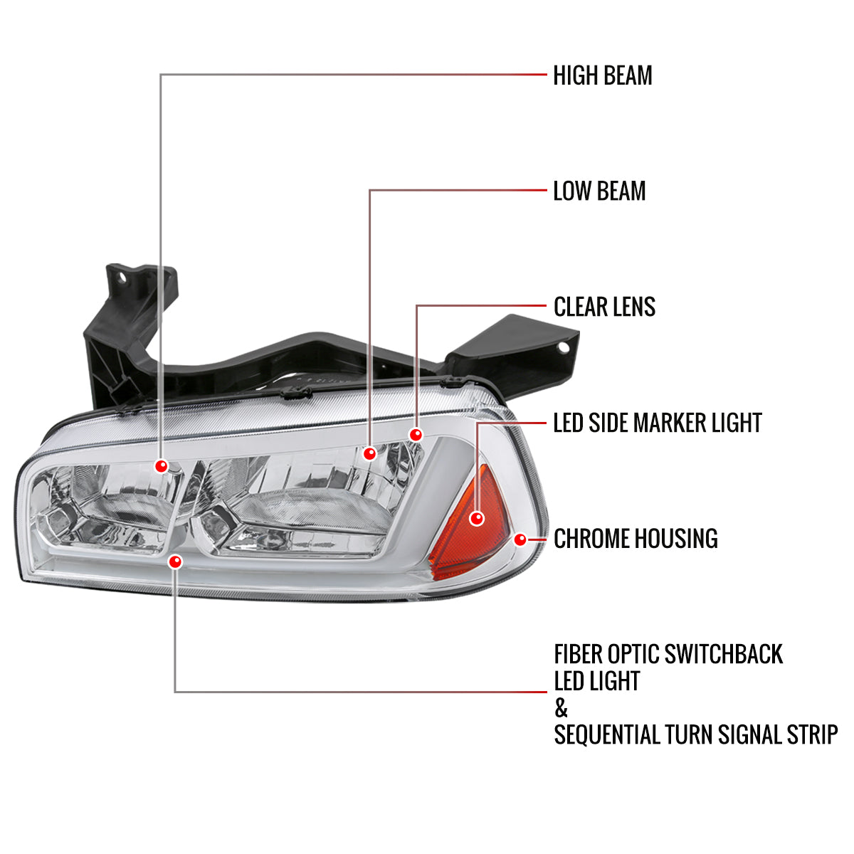2006-2010 Dodge Charger Switchback Sequential LED Bar Factory Style Headlights (Chrome Housing/Clear Lens)