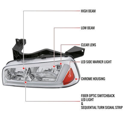 2006-2010 Dodge Charger Switchback Sequential LED Bar Factory Style Headlights (Chrome Housing/Clear Lens)