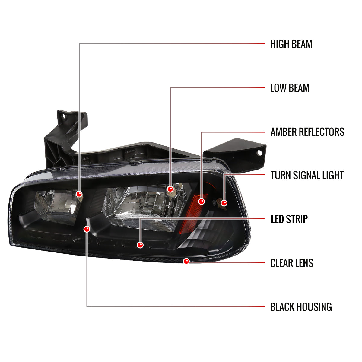 2006-2010 Dodge Charger 1PC Style SMD LED Light Strip Factory Style Headlights w/ Amber Reflector (Matte Black Housing/Clear Lens)