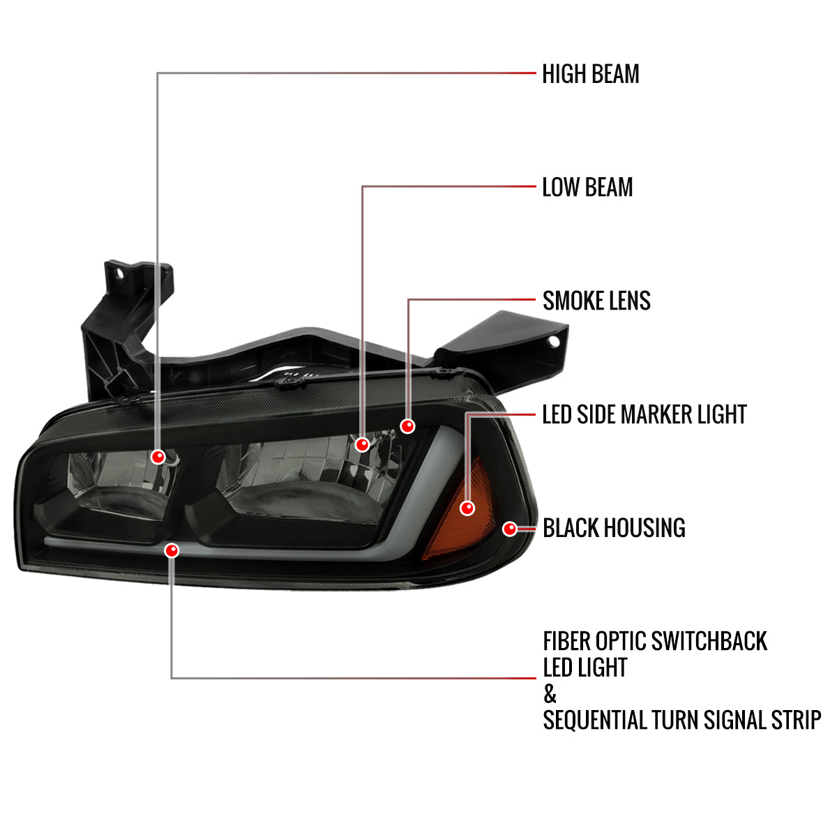 2006-2010 Dodge Charger Switchback Sequential LED Bar Factory Style Headlights (Matte Black Housing/Smoked Lens)