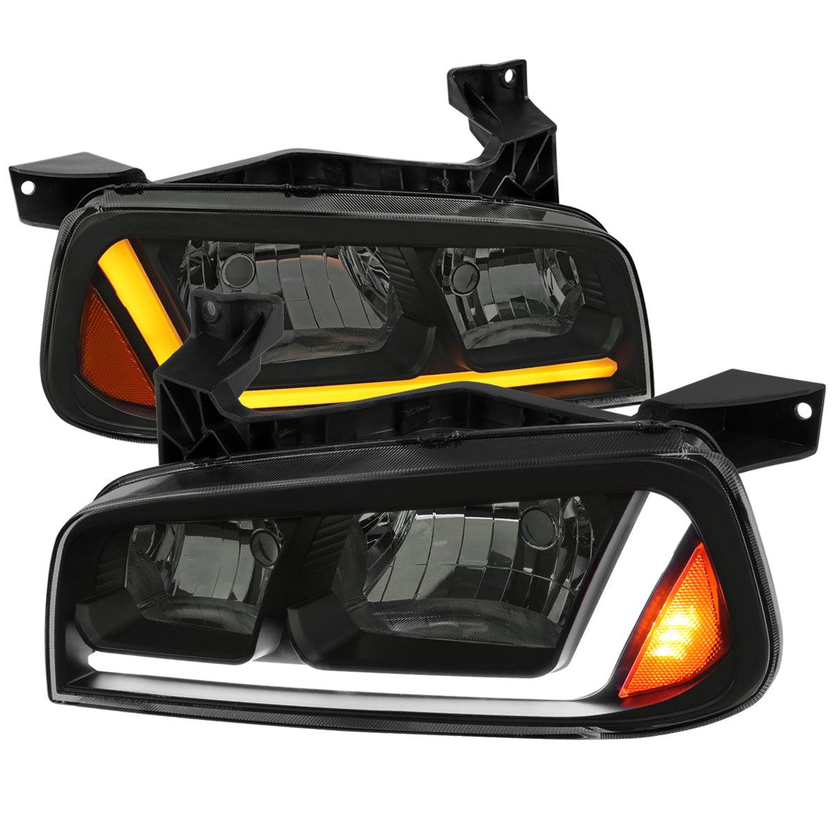 2006-2010 Dodge Charger Switchback Sequential LED Bar Factory Style Headlights (Matte Black Housing/Smoked Lens)