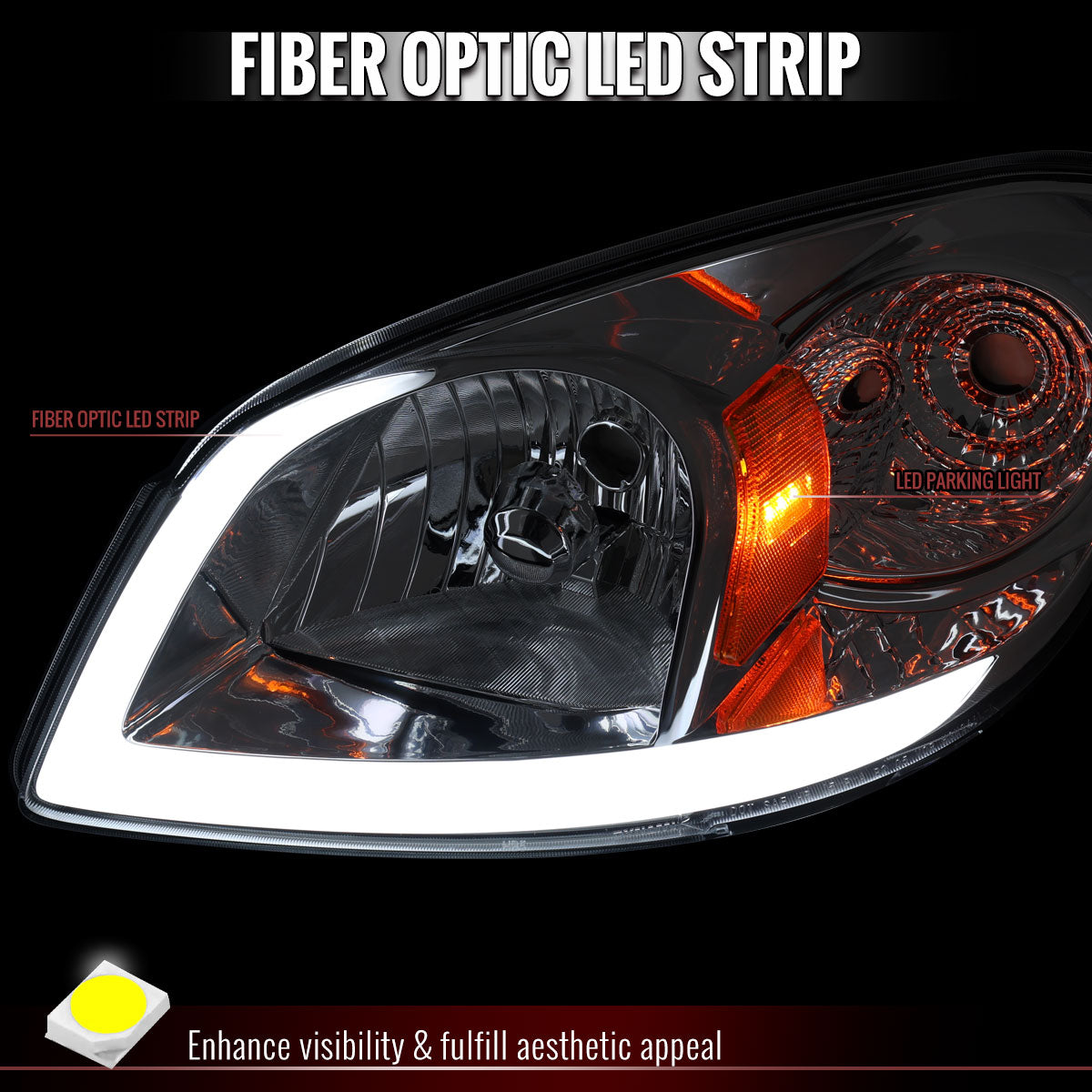 2005â€“2010 Chevrolet Cobalt Pontiac G5 / Pursuit Factory Style Headlights w/ LED DRL Light Strip (Chrome Housing / Clear Lens)