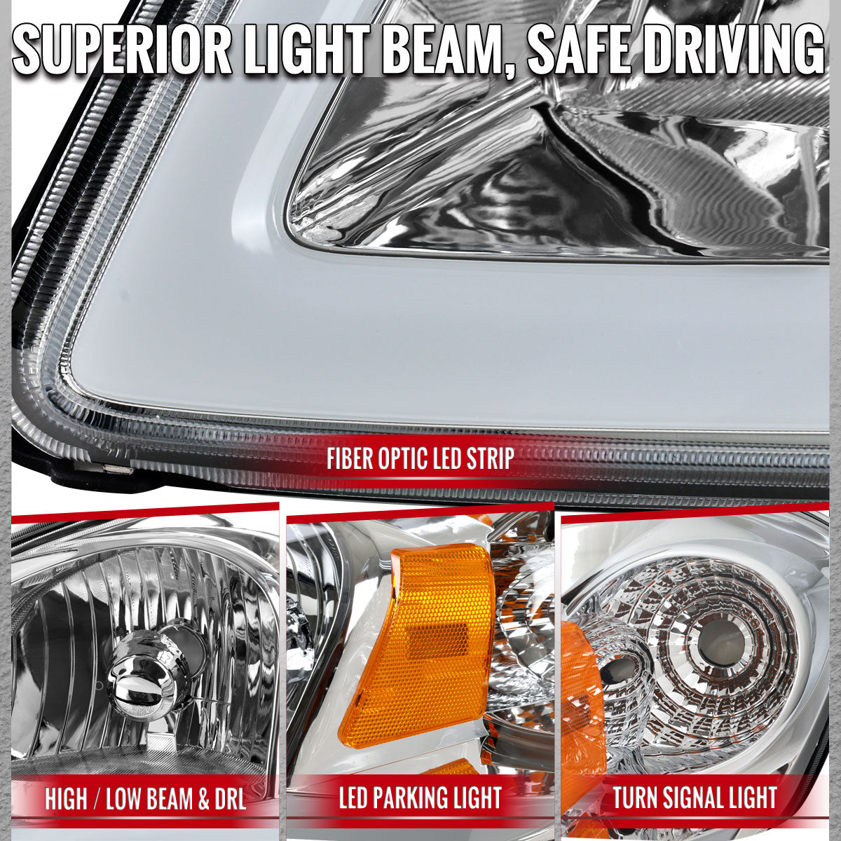 2005â€“2010 Chevrolet Cobalt Pontiac G5 / Pursuit Factory Style Headlights w/ LED DRL Light Strip (Chrome Housing / Clear Lens)