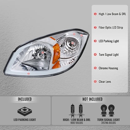 2005â€“2010 Chevrolet Cobalt Pontiac G5 / Pursuit Factory Style Headlights w/ LED DRL Light Strip (Chrome Housing / Clear Lens)