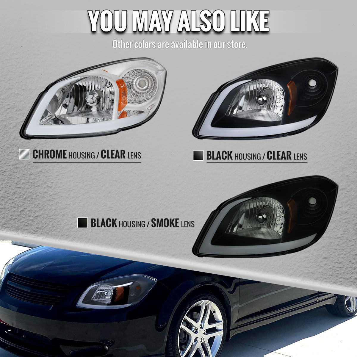 2005â€“2010 Chevrolet Cobalt Pontiac G5 / Pursuit Factory Style Headlights w/ LED DRL Light Strip (Chrome Housing / Clear Lens)