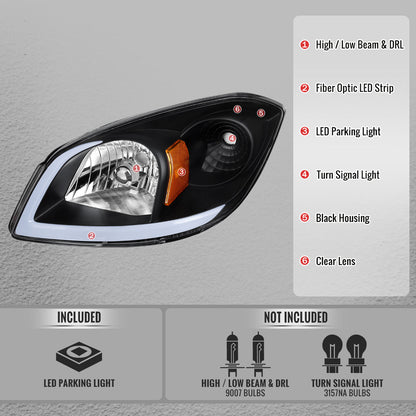 2005â€“2010 Chevrolet Cobalt Pontiac G5 / Pursuit LED Bar Projector Headlights w/ LED DRL Light Tube (Black Housing / Clear Lens)