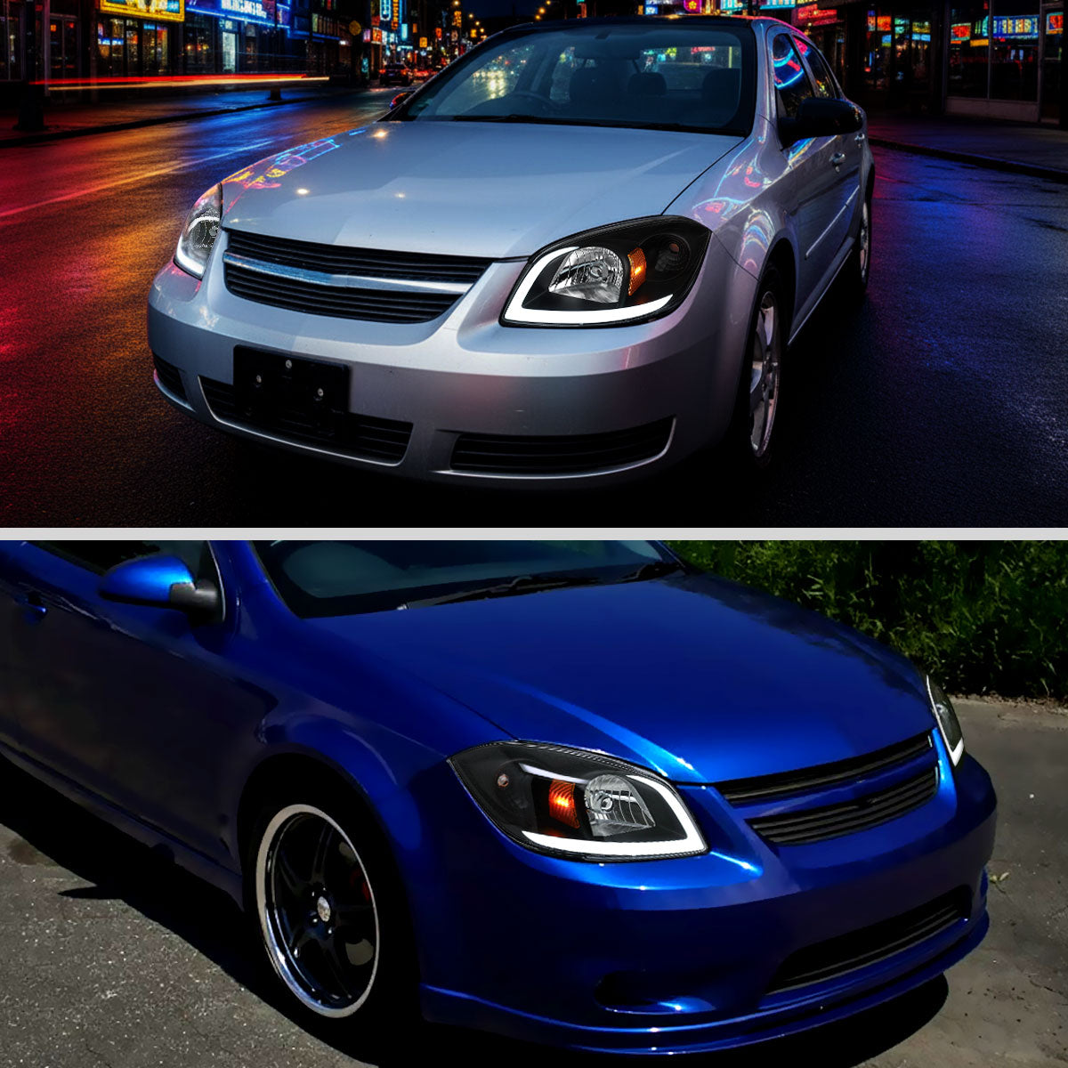 2005â€“2010 Chevrolet Cobalt Pontiac G5 / Pursuit LED Bar Projector Headlights w/ LED DRL Light Tube (Black Housing / Clear Lens)