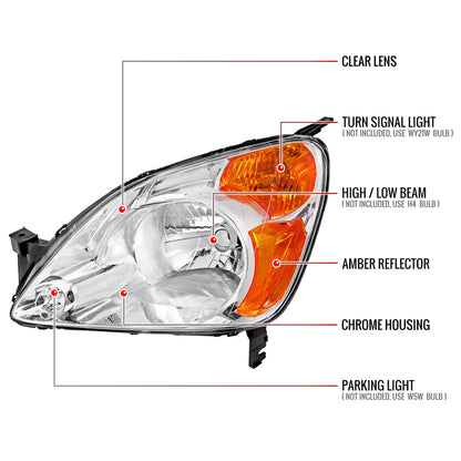 2002-2004 Honda CR-V Factory Style Headlights with Amber Reflector (Chrome Housing/Clear Lens)