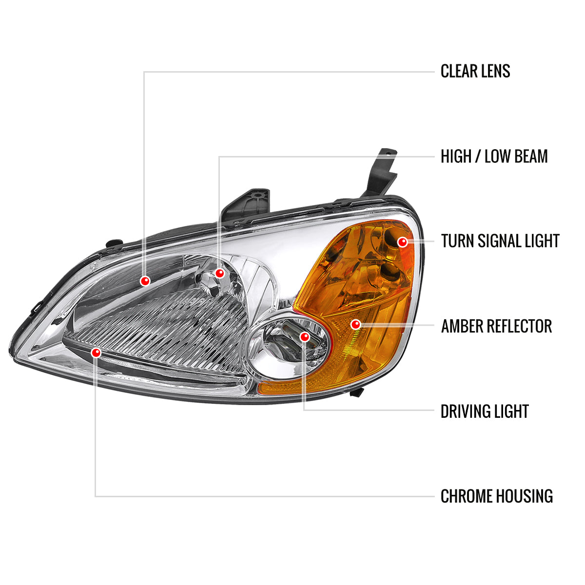 2001-2003 Honda Civic Factory Style Headlights (Chrome Housing/Clear Lens)