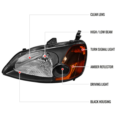 2001-2003 Honda Civic Factory Style Headlights (Matte Black Housing/Clear Lens)