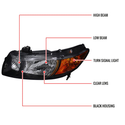 2006-2011 Honda Civic Coupe Factory Style Crystal Headlights (Matte Black Housing/Clear Lens)