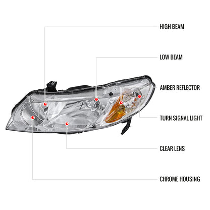 2006-2011 Honda Civic Sedan Crystal Headlights (Chrome Housing/Clear Lens)
