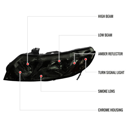 2006-2011 Honda Civic Sedan Crystal Headlights (Chrome Housing/Smoked Lens)