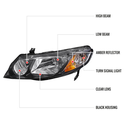2006-2011 Honda Civic Sedan Crystal Headlights (Matte Black Housing/Clear Lens)