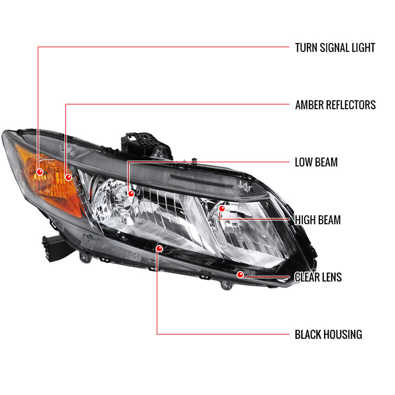 2012-2013 Honda Civic Coupe/ 2012-2015 Civic Sedan Clear Lens Crystal Headlight - Passenger Side Only