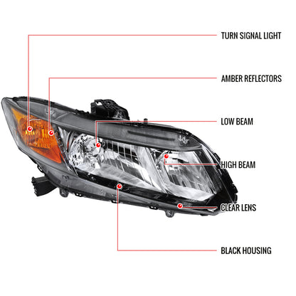 2012-2013 Honda Civic Coupe/ 2012-2015 Civic Sedan Clear Lens Crystal Headlight - Passenger Side Only