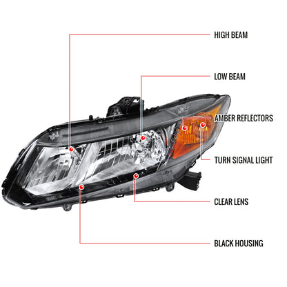 2012-2013 Honda Civic Coupe/ 2012-2015 Civic Sedan Crystal Headlights (Matte Black Housing/Clear Lens)
