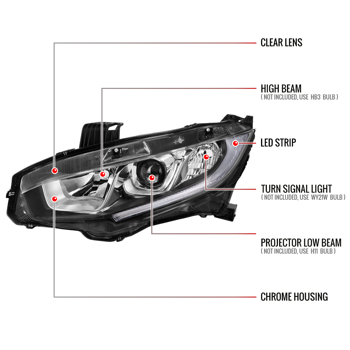 2016-2021 Honda Civic LED Strip Factory Style Projector Headlights (Chrome Housing/Clear Lens)