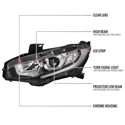 2016-2021 Honda Civic LED Strip Factory Style Projector Headlights (Chrome Housing/Clear Lens)