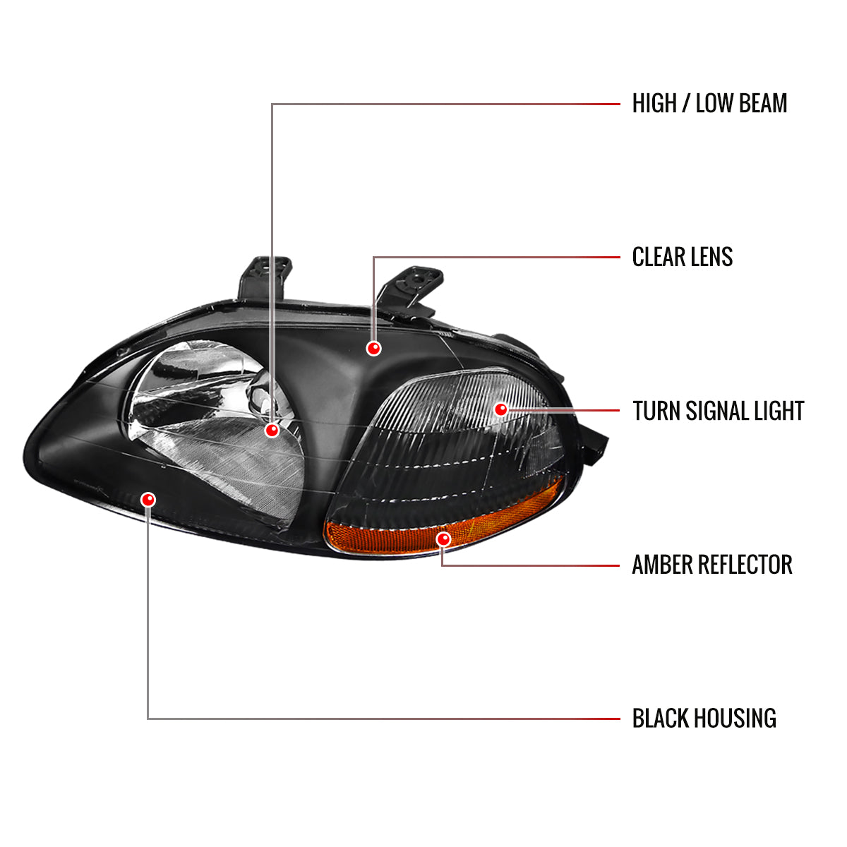 1996-1998 Honda Civic Factory Style Crystal Headlights (Matte Black Housing/Clear Lens)