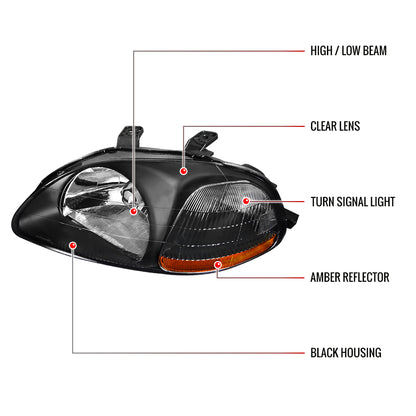 1996-1998 Honda Civic Factory Style Crystal Headlights (Matte Black Housing/Clear Lens)