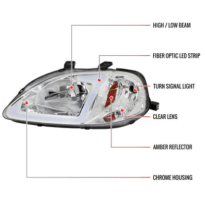 1999-2000 Honda Civic Coupe/Sedan LED Bar Factory Style Headlights (Chrome Housing/Clear Lens)