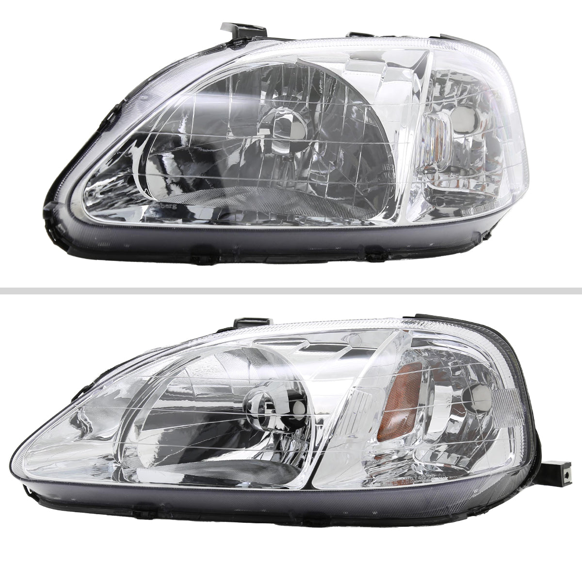 1999-2000 Honda Civic Crystal Headlights w/ Amber Reflector (Chrome Housing/Clear Lens)