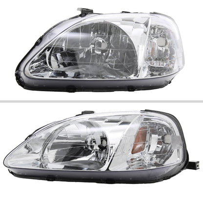 1999-2000 Honda Civic Crystal Headlights w/ Amber Reflector (Chrome Housing/Clear Lens)