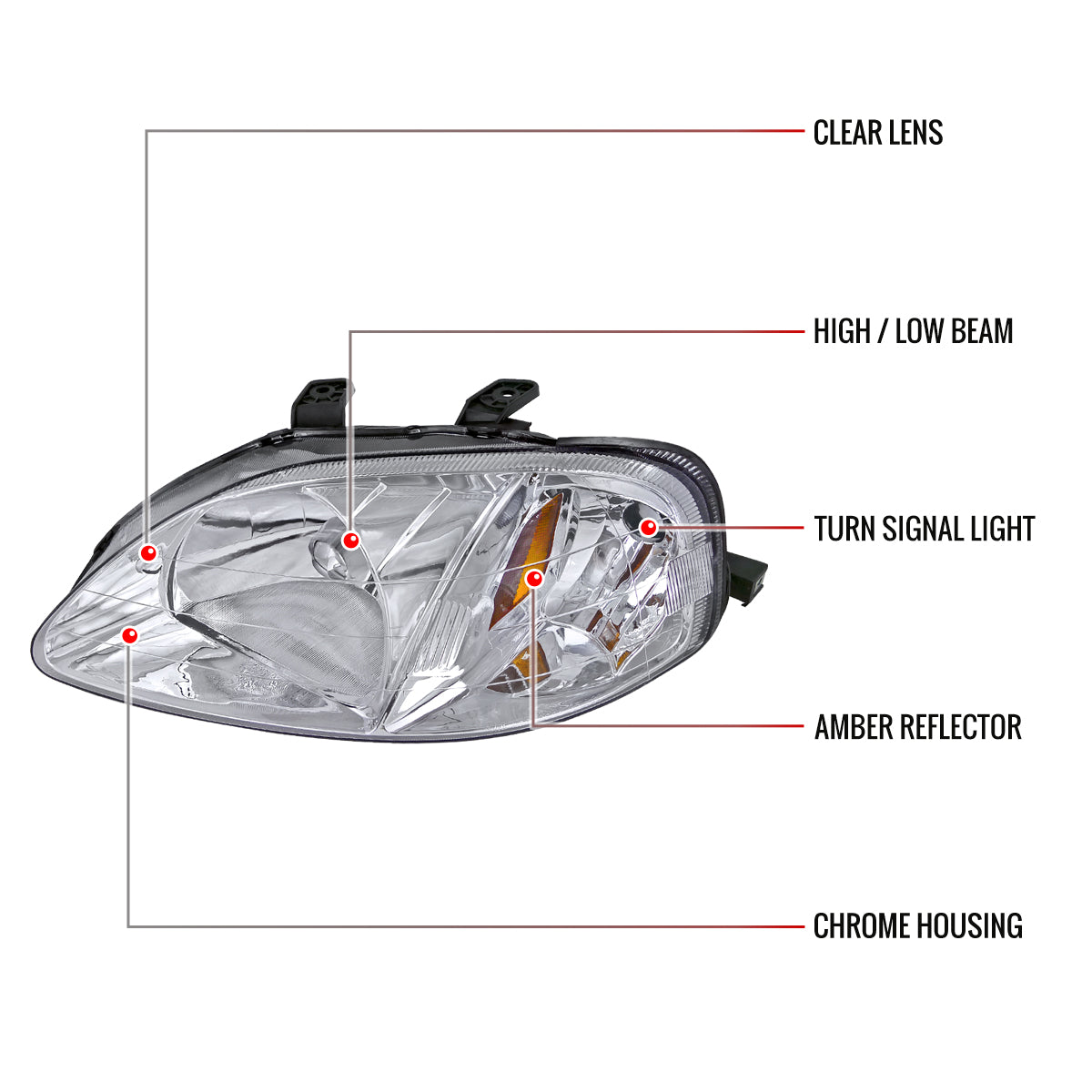1999-2000 Honda Civic Crystal Headlights w/ Amber Reflector (Chrome Housing/Clear Lens)