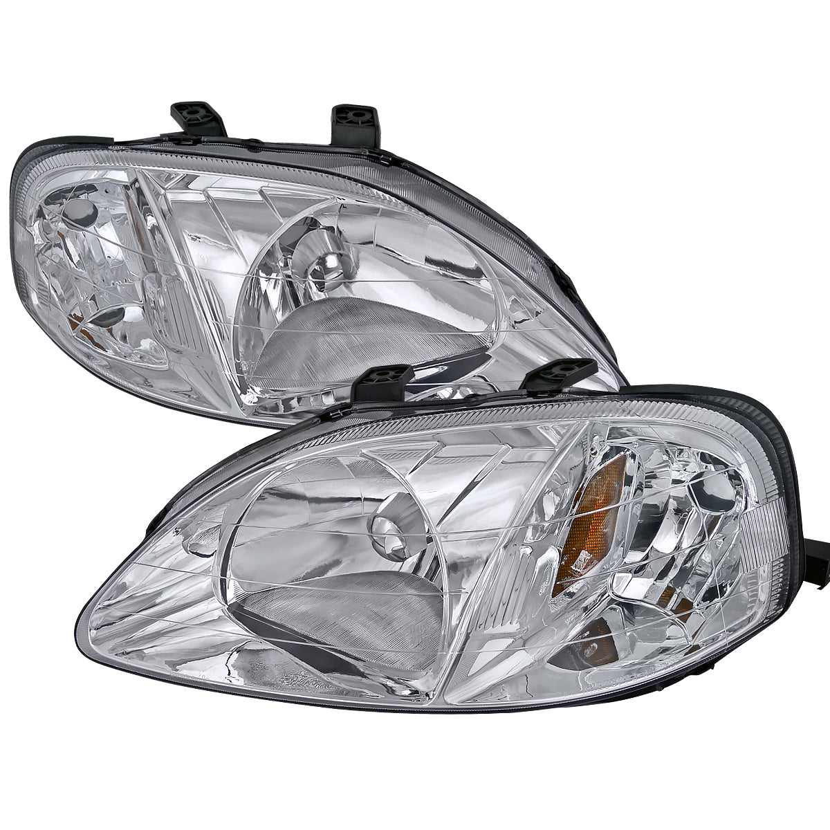1999-2000 Honda Civic Crystal Headlights w/ Amber Reflector (Chrome Housing/Clear Lens)
