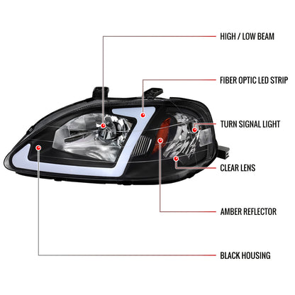 1999-2000 Honda Civic Coupe/Sedan LED Bar Factory Style Headlights (Matte Black Housing/Clear Lens)