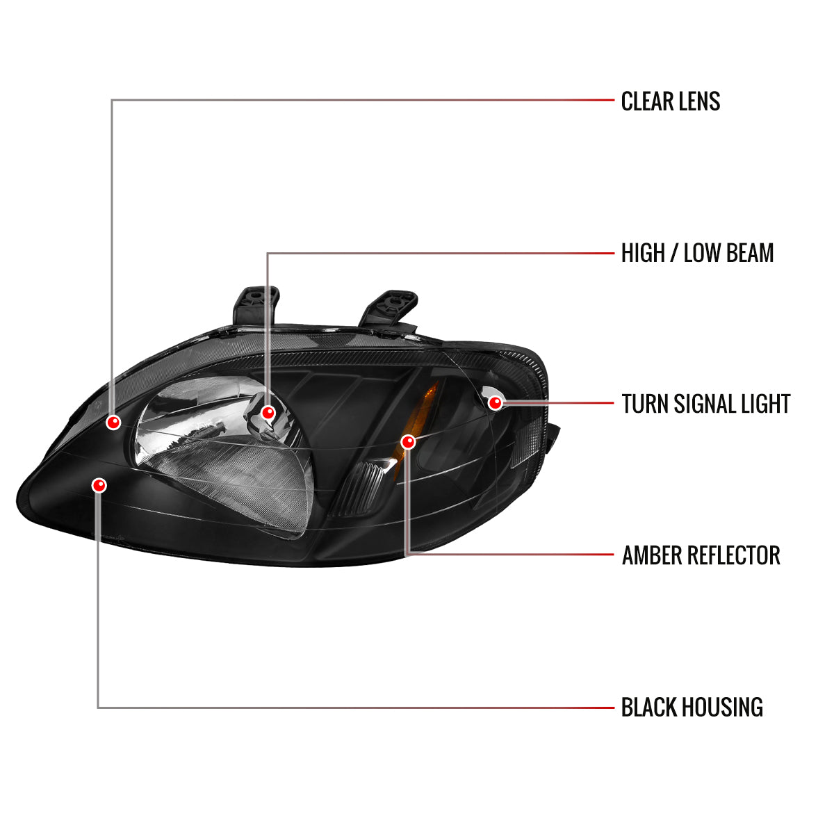1999-2000 Honda Civic Crystal Headlights w/ Amber Reflector (Matte Black Housing/Clear Lens)