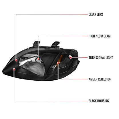 1999-2000 Honda Civic Crystal Headlights w/ Amber Reflector (Matte Black Housing/Clear Lens)