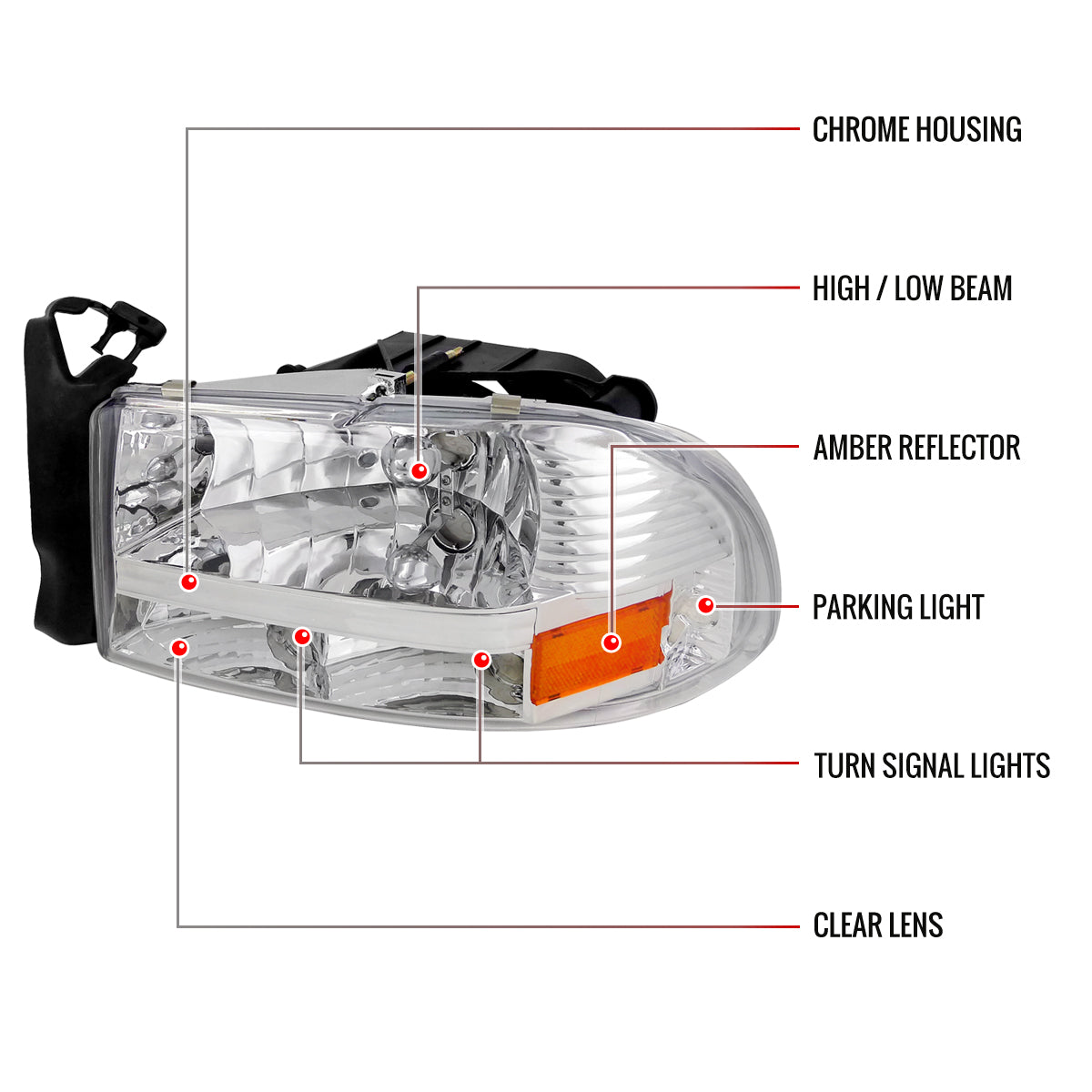 1997-2004 Dodge Dakota/ 1998-2003 Durango Crystal Headlights w/ Amber Reflector (Chrome Housing/Clear Lens)