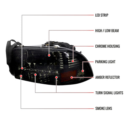 1997-2004 Dodge Dakota/ 1998-2003 Durango SMD LED Light Strip Factory Style Crystal Headlights (Chrome Housing/Smoked Lens)