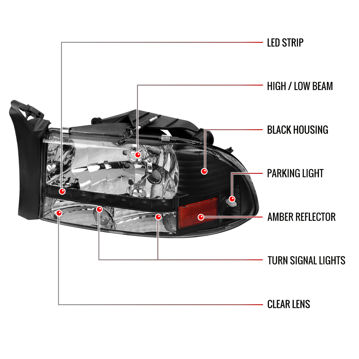 1997-2004 Dodge Dakota/ 1998-2003 Durango SMD LED Light Strip Factory Style Crystal Headlights (Matte Black Housing/Clear Lens)
