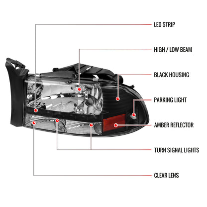 1997-2004 Dodge Dakota/ 1998-2003 Durango SMD LED Light Strip Factory Style Crystal Headlights (Matte Black Housing/Clear Lens)