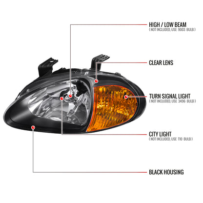 1993-1997 Honda Del Sol Crystal Headlights w/ Amber Reflector (Matte Black Housing/Clear Lens)