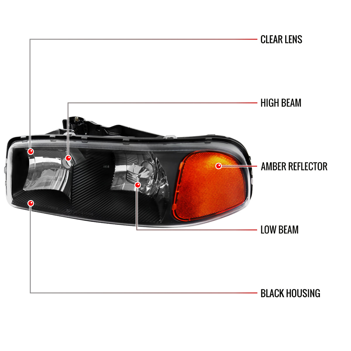 1999-2006 GMC Sierra/Yukon/Yukon XL Crystal Headlights w/ Amber Reflector (Matte Black Housing/Clear Lens)