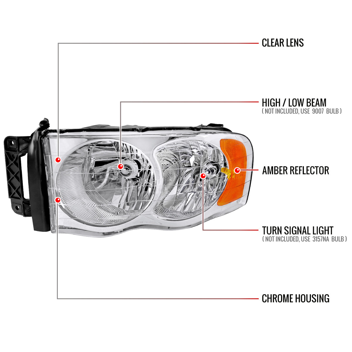 2002-2005 Dodge RAM 1500/ 2003-2005 RAM 2500 3500 Factory Style Headlights (Chrome Housing/Clear Lens)