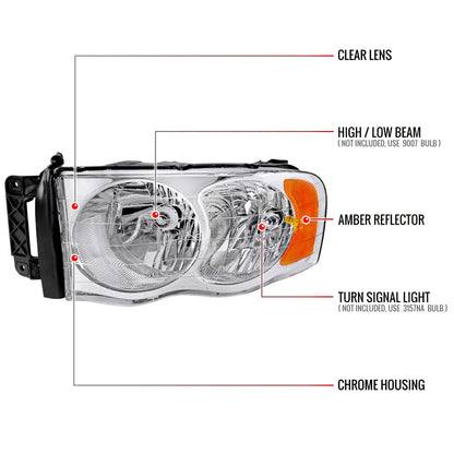 2002-2005 Dodge RAM 1500/ 2003-2005 RAM 2500 3500 Factory Style Headlights (Chrome Housing/Clear Lens)