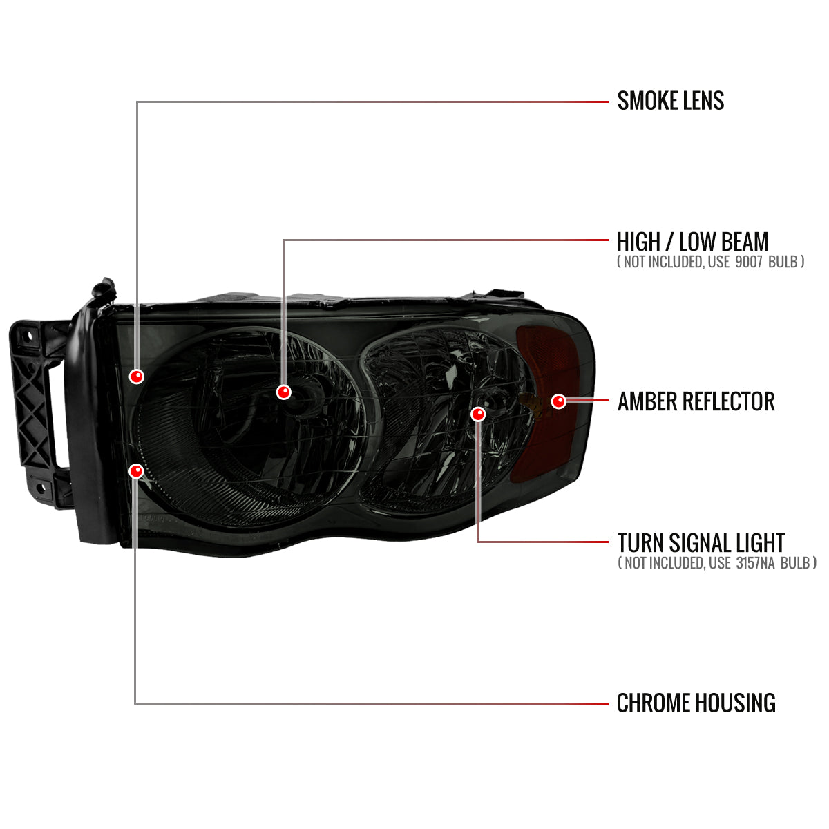 2002-2005 Dodge RAM 1500/ 2003-2005 RAM 2500 3500 Factory Style Headlights (Chrome Housing/Smoked Lens)
